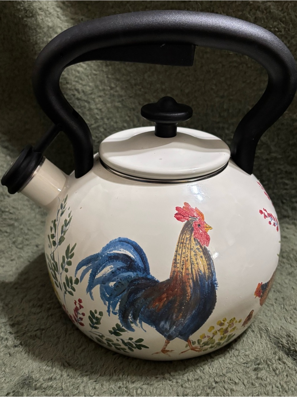 Paula Deen Garden Rooster 2 Qt Enamel Tea Kettle Teapot Farmhouse Chicken